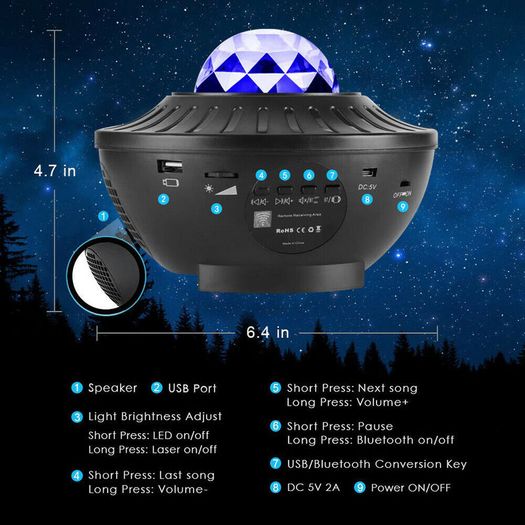 Star Projector Baby Kids Childrens Sleep Cot Aid LED Night Light Galaxy Ocean Wave Lamp Bluetooth Speaker Music w/ Remote