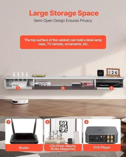 Floating TV Stand 180 cm in Wall Mount Entertainment Center with Cable Hole, Modern Floating TV Shelf with Storage Cabinet, Particle Board Console for DVD Player, Cable Box, Game Console, White