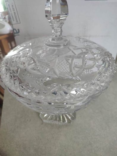 REAR  vintage GALWAY trinity knot  large Vintage Cut crystal pedestal bowl, heavy lead crystal and lid