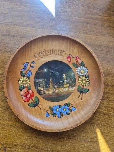 Vintage Wooden Dortmund Hanging Plate | 1960s Hand Painted Wood Burned Plate