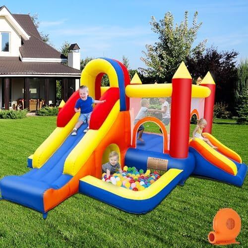 Bouncy Castle, Inflatable Bounce House with Two Slides, Trampoline, Arch Barrier, Ball Pit, Climbing Wall, Inflatable Slide with Blower for Kids Indoor Outdoor