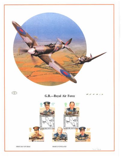 1986 Great Britain Limited Edition Lithographed Print measuring 333mm X 257showing The 50th Anniversary of the Royal Air Force Commemorative stamps with First Day of Issue Cancel