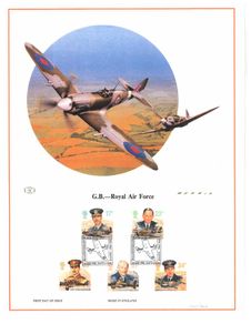 1986 Great Britain Limited Edition Lithographed Print measuring 333mm X 257showing The 50th Anniversary of the Royal Air Force Commemorative stamps with First Day of Issue Cancel