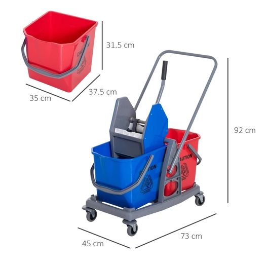 Washing Cart Professional Cleaning Cart Jaw Press 2 Buckets 25 L 73L x 45W x 92H cm Plastic Gray Blue Red