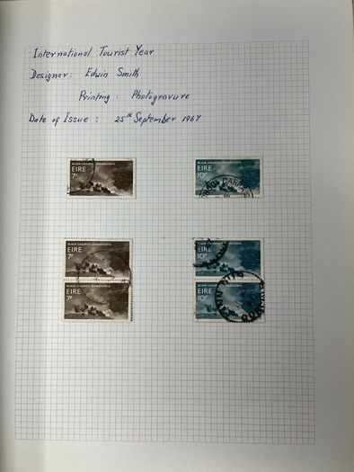 1965-74 Ireland used written up on spring back pages including some varieties/ errors in spring back album. Includes loads of spare pages. Note 66 rising set and MacCurtain & MacSweeney sets.