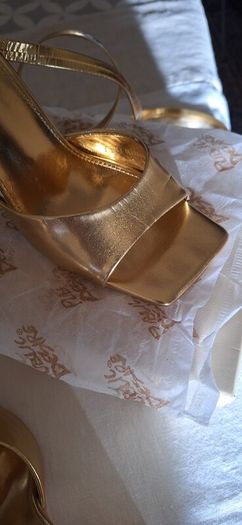 Public Desire Gold Block Heel Sandles.