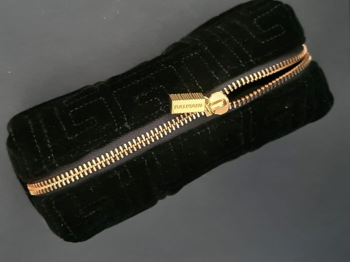 Balmain Black Quilted Velvet Cosmetic Bag, Gold Logo Luxury Pouch