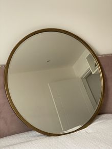 Two Bevelled Round Mirrors, Antique Gold Metal Frame. D80cm. Perfect conditions.
