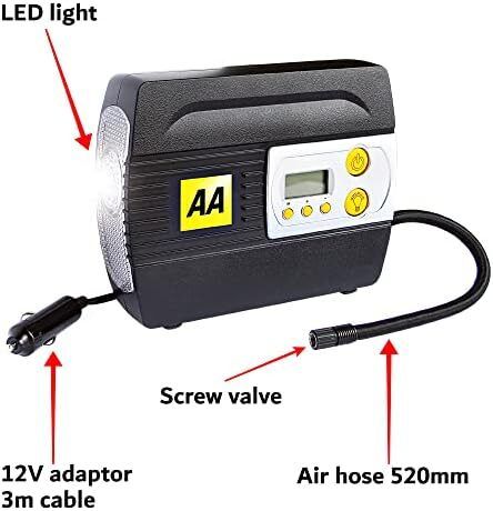 AA 12V Digital Tyre Inflator AA5502  For Cars Other Vehicles Inflatables Bicycles  Shows PSI BAR KPA 3/100 PSI Includes Adaptors, Black