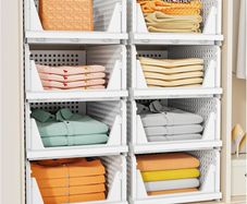 5 Pack Wardrobe Storage Organiser, Stackable & Foldable Closet Organisers for Bedroom Bathroom Laundry Room Wardrobe Storage, Space-Saving Clothes Storage Drawer Organiser Basket, White