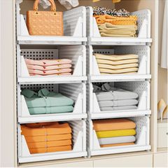 5 Pack Wardrobe Storage Organiser, Stackable & Foldable Closet Organisers for Bedroom Bathroom Laundry Room Wardrobe Storage, Space-Saving Clothes Storage Drawer Organiser Basket, White