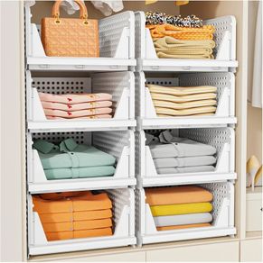 5 Pack Wardrobe Storage Organiser, Stackable & Foldable Closet Organisers for Bedroom Bathroom Laundry Room Wardrobe Storage, Space-Saving Clothes Storage Drawer Organiser Basket, White