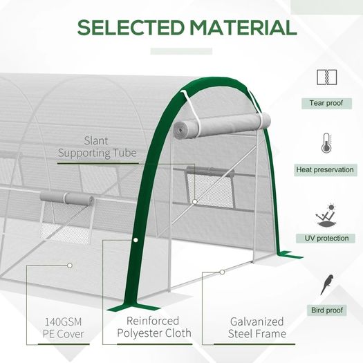 Garden Tunnel Greenhouse 18m 6L x 3W x 2H m - 8 Windows, Zippered Roll-Up Door, Galvanized Steel, PE Cover, White