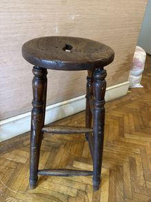 Antique Victorian Elm Stool with Hand Hole, Tall, Turned Legs