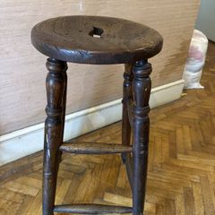 Antique Victorian Elm Stool with Hand Hole, Tall, Turned Legs