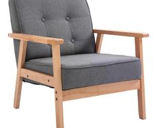Sitting Chairs for Living Room, Wooden Accent Chair Lounge Armchair Retro Linen Fabric Upholstered w/ Arm Grey