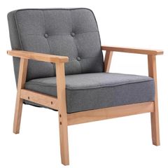Sitting Chairs for Living Room, Wooden Accent Chair Lounge Armchair Retro Linen Fabric Upholstered w/ Arm Grey