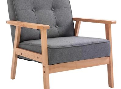 Sitting Chairs for Living Room, Wooden Accent Chair Lounge Armchair Retro Linen Fabric Upholstered w/ Arm Grey