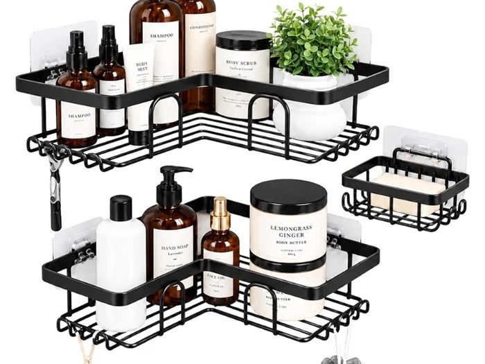 Shower Caddy, Black, 3-Pack | Rustproof, No Drilling, Bathroom Shelf, With Hooks