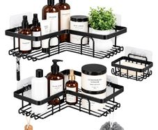 Shower Caddy, Black, 3-Pack | Rustproof, No Drilling, Bathroom Shelf, With Hooks