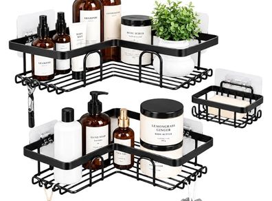 Shower Caddy, Black, 3-Pack | Rustproof, No Drilling, Bathroom Shelf, With Hooks