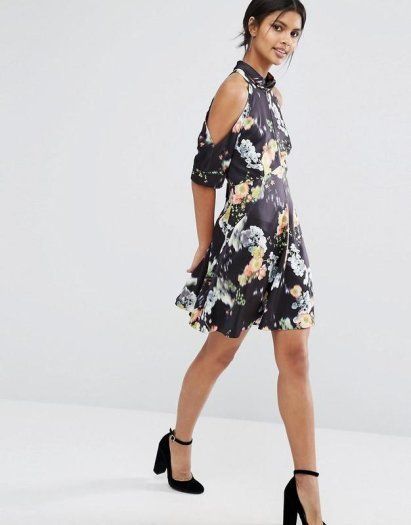 WHISTLES Floral Print Cold Shoulder Silhouette Dress