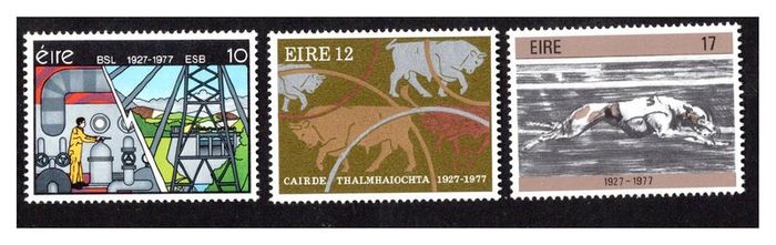 1977 Ireland Golden Jubilees: Electricity Supply Board (ESB); Agricultural Corporation, Greyhound Track Racing in Ireland Commemorative Stamps Mint Never Hinged (MNH)