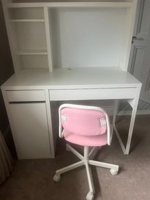 Ikea Micke Desk White and Orfjall Swivel Chair Pink