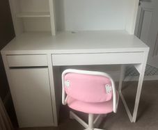 Ikea Micke Desk White and Orfjall Swivel Chair Pink