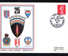 1970 Great Britain National Army Museum Cover Celebrating 25th Anniversary of VE (Victory in Europe) Day trying 4d definitive stamp