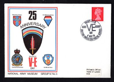 1970 Great Britain National Army Museum Cover Celebrating 25th Anniversary of VE (Victory in Europe) Day trying 4d definitive stamp
