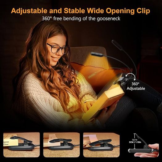 Book Light Rechargeable 11 LED Reading Light Clip on Book 3 Eye Protecting Modes and Touch Control Stepless Dimming long Battery Life, 360 degree Adjustable Book Lamp for Reading at Night for Readers