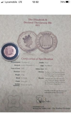 Proof 2021 9ct Rose Gold Elizabeth II Threepence With COA