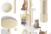 Cat Scratching Tree with Sisal Trunks for Claws, Kennel, Balls and Play Rope, Height 112 cm, with Lots of Cuddling and Playing Options