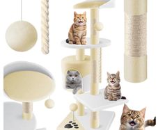 Cat Scratching Tree with Sisal Trunks for Claws, Kennel, Balls and Play Rope, Height 112 cm, with Lots of Cuddling and Playing Options