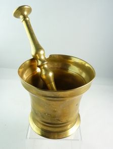 Antique Brass Pestle & Mortar, Small Bell-Shaped Apothecary Style 8.5cm Tall.