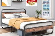Double Size Bed Frame with Headboard,Oval-Shaped Platform Bed with Under-Bed Storage,Steel Slats Mattress Foundation Round Pipe Design,Brown