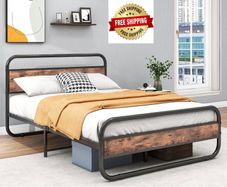 Double Size Bed Frame with Headboard,Oval-Shaped Platform Bed with Under-Bed Storage,Steel Slats Mattress Foundation Round Pipe Design,Brown