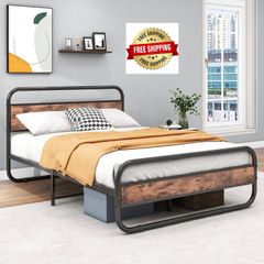 Double Size Bed Frame with Headboard,Oval-Shaped Platform Bed with Under-Bed Storage,Steel Slats Mattress Foundation Round Pipe Design,Brown