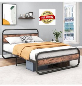 Double Size Bed Frame with Headboard,Oval-Shaped Platform Bed with Under-Bed Storage,Steel Slats Mattress Foundation Round Pipe Design,Brown