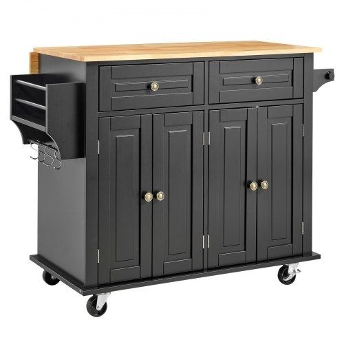 Kitchen Island Cart, 43" Wood Top Mobile Carts with Storage Cabinet, Rolling Table with Drop Leaf, Spice Rack, Towel Bar, Adjustable Shelf, Drawer, and Hooks, Portable Islands on Wheels, Black