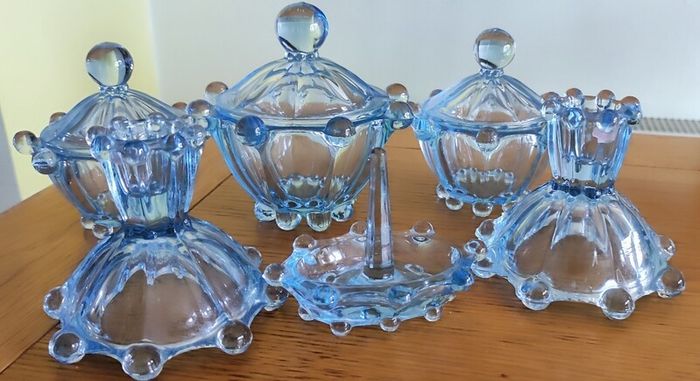 Vintage Dressing Table Set Dresser Glassware Blue Bubble Mid Century Retro 1950s