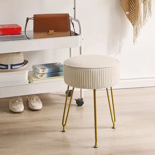 Velvet Round Footrest, Makeup Vanity Stool, Side Table, Pouf Couch Seat, Golden Steel Legs, Creamy-White L/G-30M