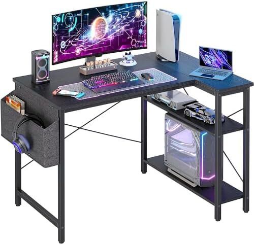 L Shaped Gaming Desk, 100x70 cm Computer Desk with Storage Bag, Office Desk Small Writing Table with Large Reversible Storage Shelves, Workstation for Study Play Work Home Office, Black