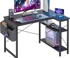 L Shaped Gaming Desk, 100x70 cm Computer Desk with Storage Bag, Office Desk Small Writing Table with Large Reversible Storage Shelves, Workstation for Study Play Work Home Office, Black