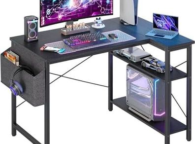 L Shaped Gaming Desk, 100x70 cm Computer Desk with Storage Bag, Office Desk Small Writing Table with Large Reversible Storage Shelves, Workstation for Study Play Work Home Office, Black