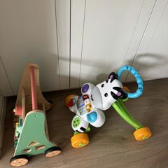 Two baby walkers - Fisher-Price Zebra and wooden activity walker