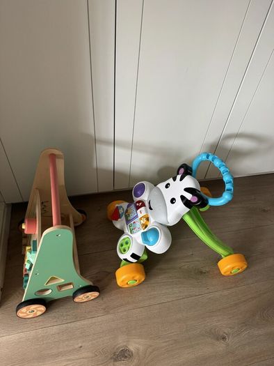 Two baby walkers - Fisher-Price Zebra and wooden activity walker