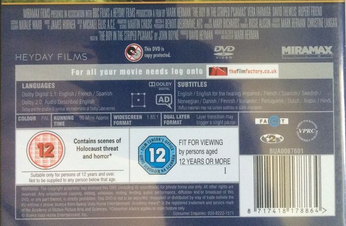 The Boy In The Striped Pyjamas [2008] Vera Farmiga, David Thewlis & Rupert Friend [Movie DVD]
