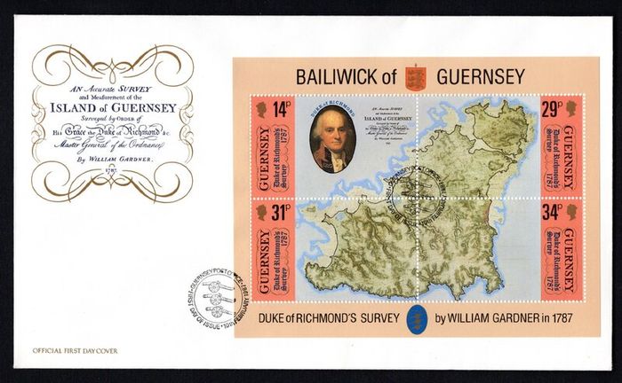 1987 Guernsey Bicentenary of Duke of Richmond's Survey of Guernsey Miniature Sheet Commemorative Stamps Official First Day Cover (FDC)